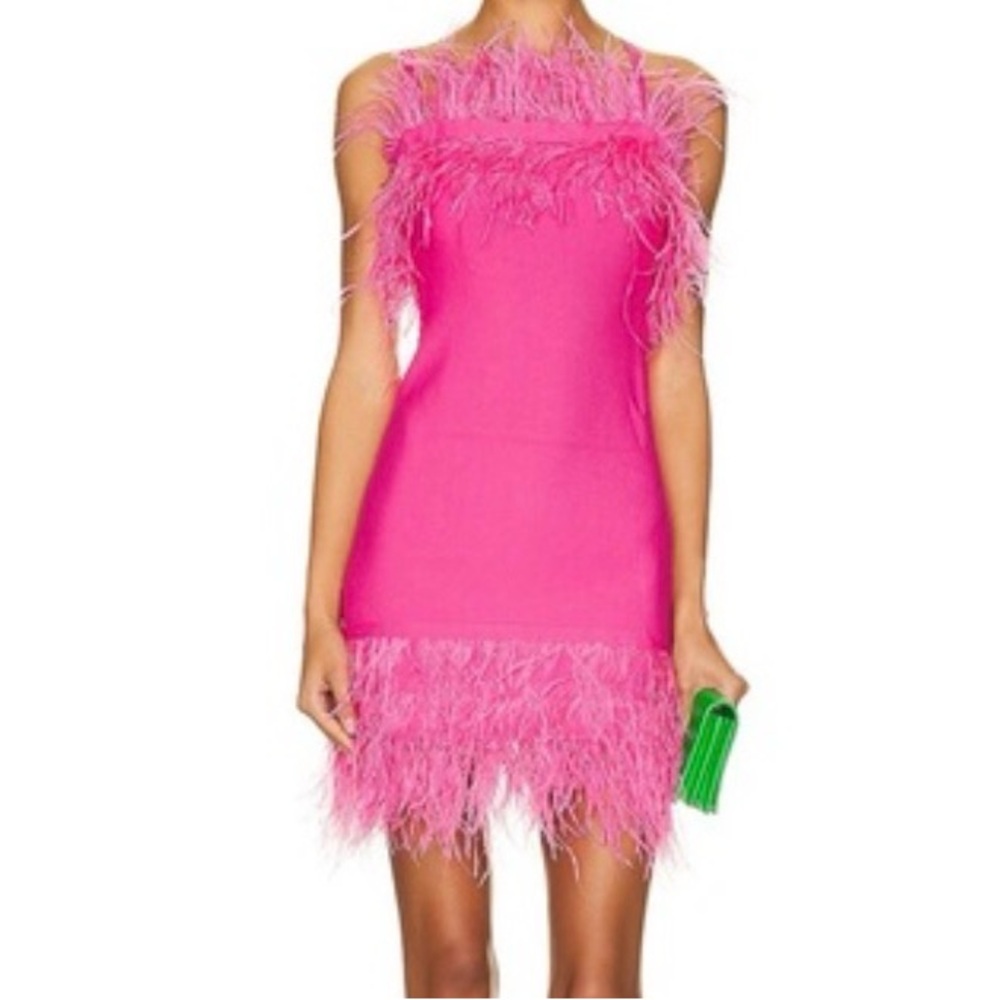 Staud Etta Mini Dress Pink Ostrich Feather-Trim Stretch-Knit pink size S